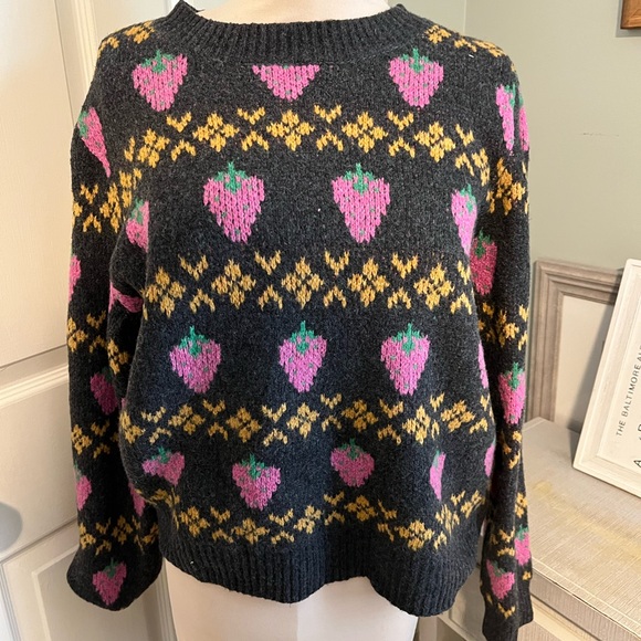 Cozy Black Sweater with Strawberry and Yellow Patterns - Picture 1 of 3